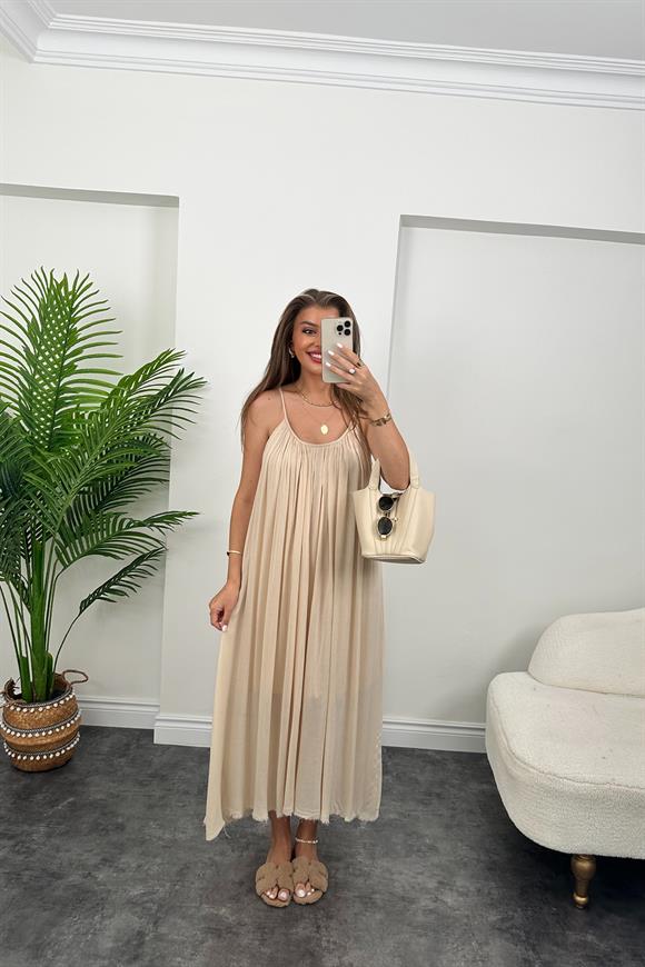 Lüx Kalite Naturel Seri %100 Pamuklu Astarlı Maxi Elbise Taş