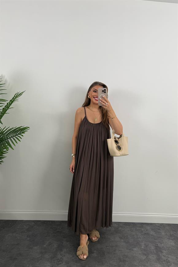 Lüx Kalite Naturel Seri %100 Pamuklu Astarlı Maxi Elbise Kahverengi 