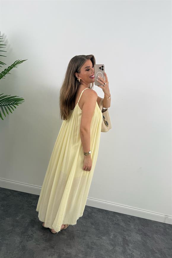 Lüx Kalite Naturel Seri %100 Pamuklu Astarlı Maxi Elbise Sarı