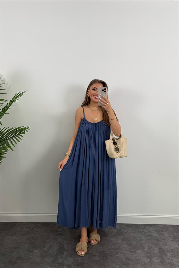 Lüx Kalite Naturel Seri %100 Pamuklu Astarlı Maxi Elbise İndigo