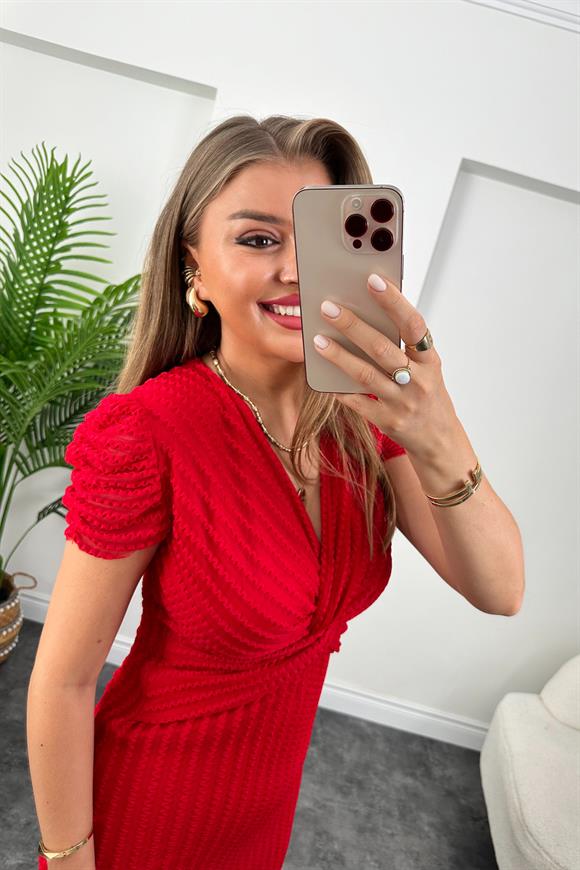 Lüx Kalite Önü Düğümlü Prenses Kol Tül Dantel Elbise Kırmızı