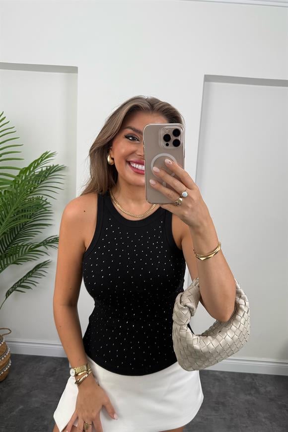 Lüx Kalite Önü Komple Taşlı Halter Yaka Tam Pamuklu Atlet Siyah
