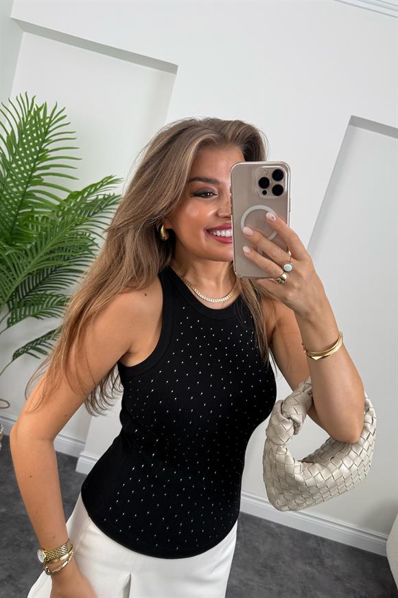Lüx Kalite Önü Komple Taşlı Halter Yaka Tam Pamuklu Atlet Siyah