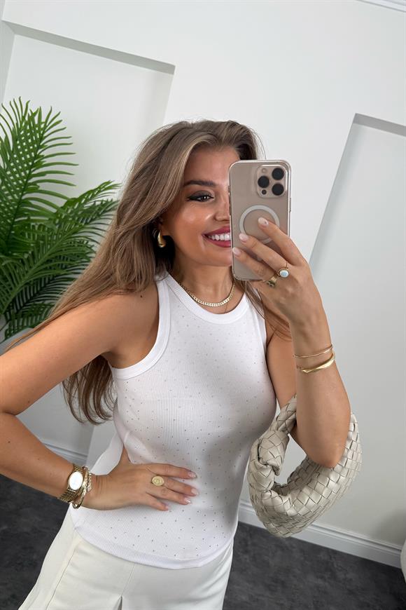 Lüx Kalite Önü Komple Taşlı Halter Yaka Tam Pamuklu Atlet Beyaz