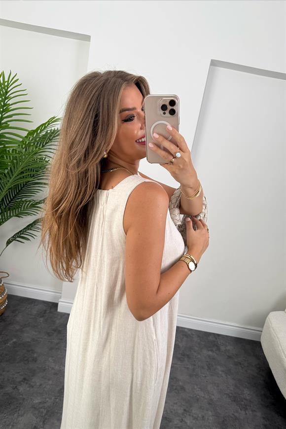 Lüx Kalite Organik Keten Pamuk Maxi Salaş Elbise Taş