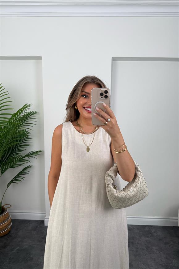 Lüx Kalite Organik Keten Pamuk Maxi Salaş Elbise Taş