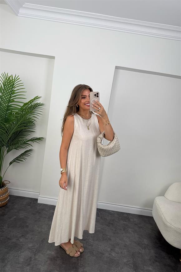 Lüx Kalite Organik Keten Pamuk Maxi Salaş Elbise Taş