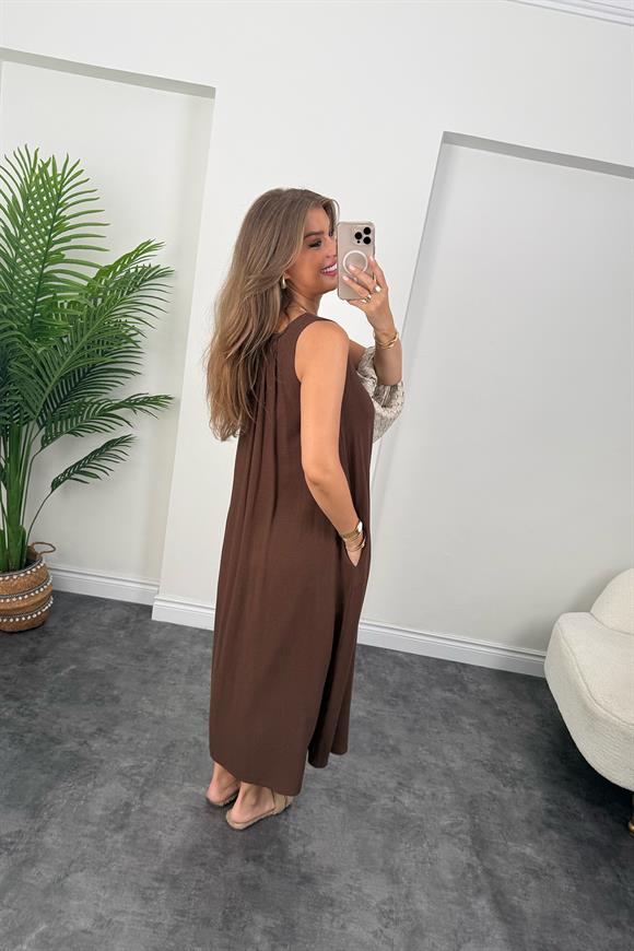 Lüx Kalite Organik Keten Pamuk Maxi Salaş Elbise Acı Kahve