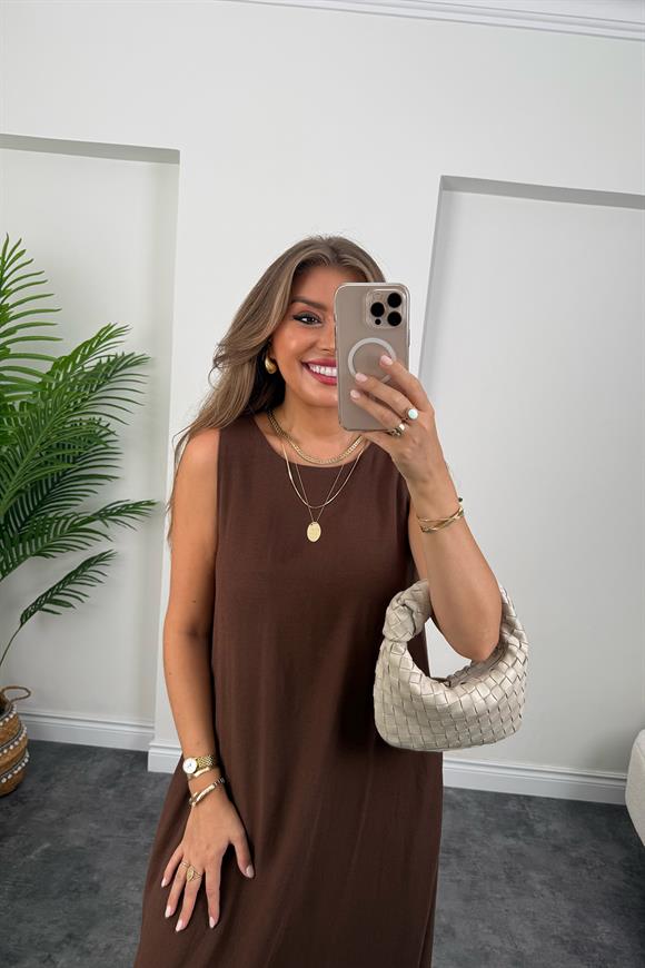 Lüx Kalite Organik Keten Pamuk Maxi Salaş Elbise Acı Kahve