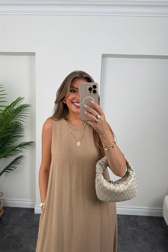 Lüx Kalite Organik Keten Pamuk Maxi Salaş Elbise Camel