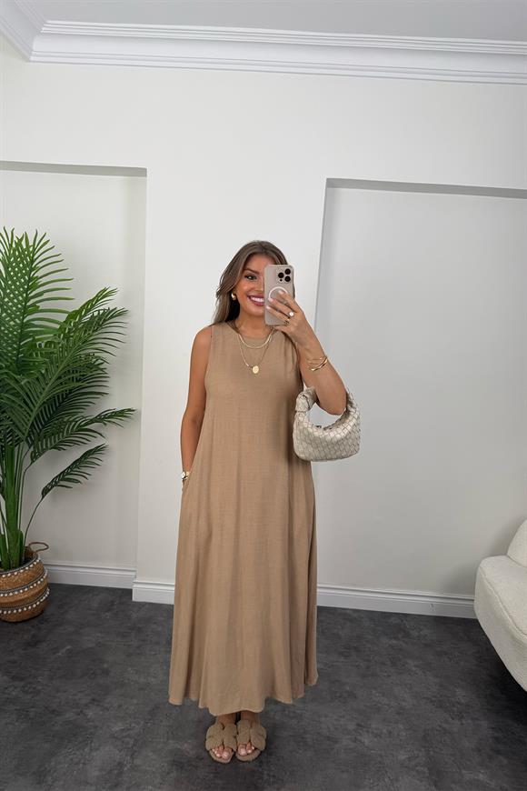 Lüx Kalite Organik Keten Pamuk Maxi Salaş Elbise Camel
