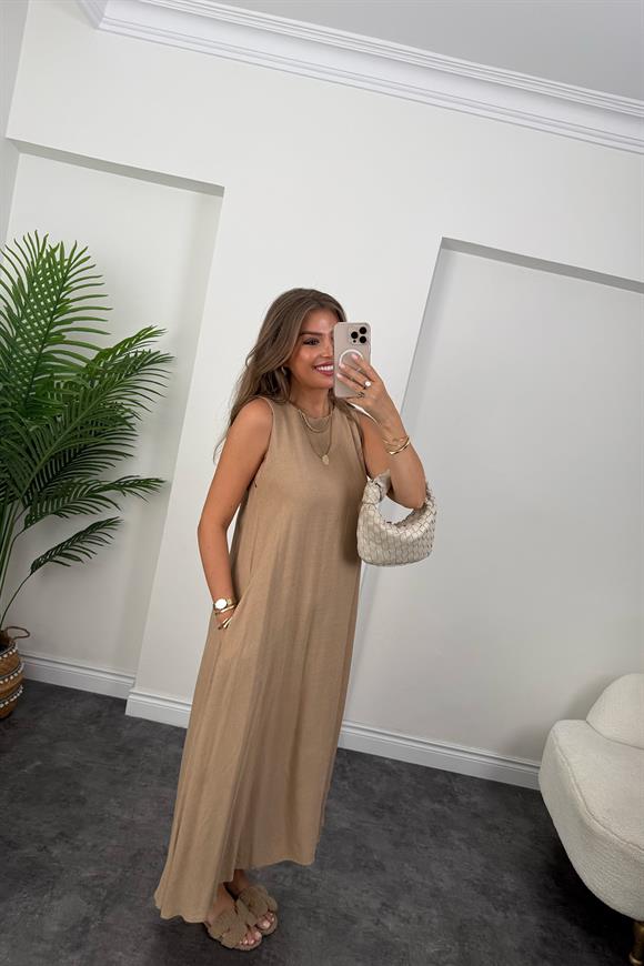 Lüx Kalite Organik Keten Pamuk Maxi Salaş Elbise Camel