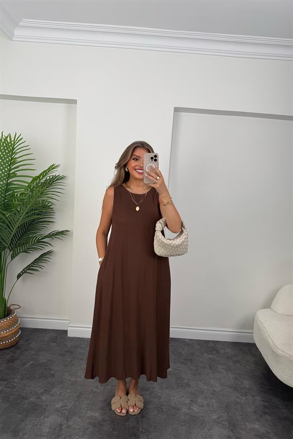 Lüx Kalite Organik Keten Pamuk Maxi Salaş Elbise Acı Kahve