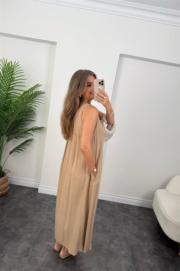 Lüx Kalite Organik Keten Pamuk Maxi Salaş Elbise Camel