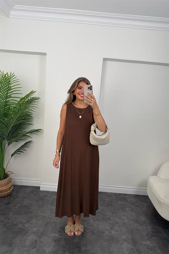 Lüx Kalite Organik Keten Pamuk Maxi Salaş Elbise Acı Kahve