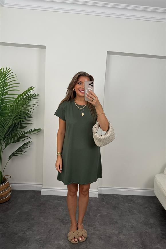 Lüx Kalite Oyhs Kumaş Kısa Kol Basic Elbise Haki