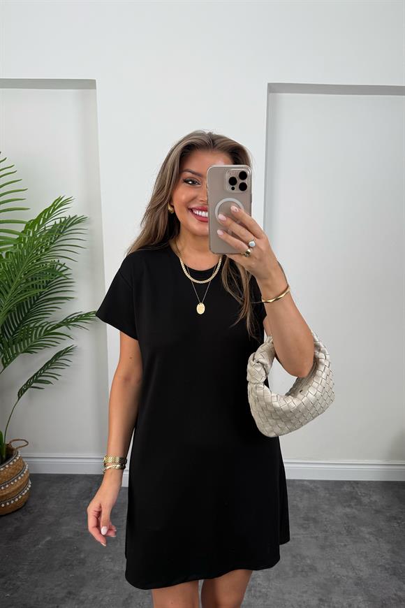 Lüx Kalite Oyhs Kumaş Kısa Kol Basic Elbise Siyah
