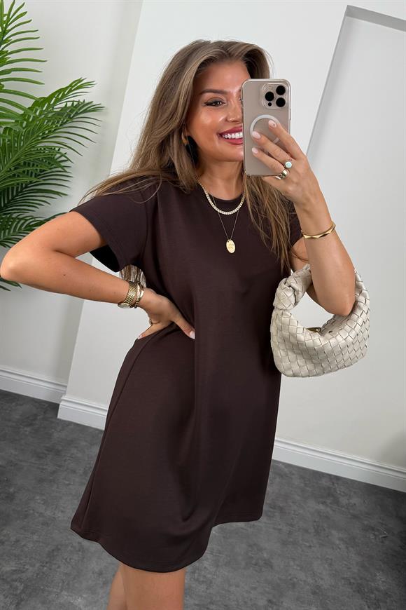 Lüx Kalite Oyhs Kumaş Kısa Kol Basic Elbise Acı Kahve 