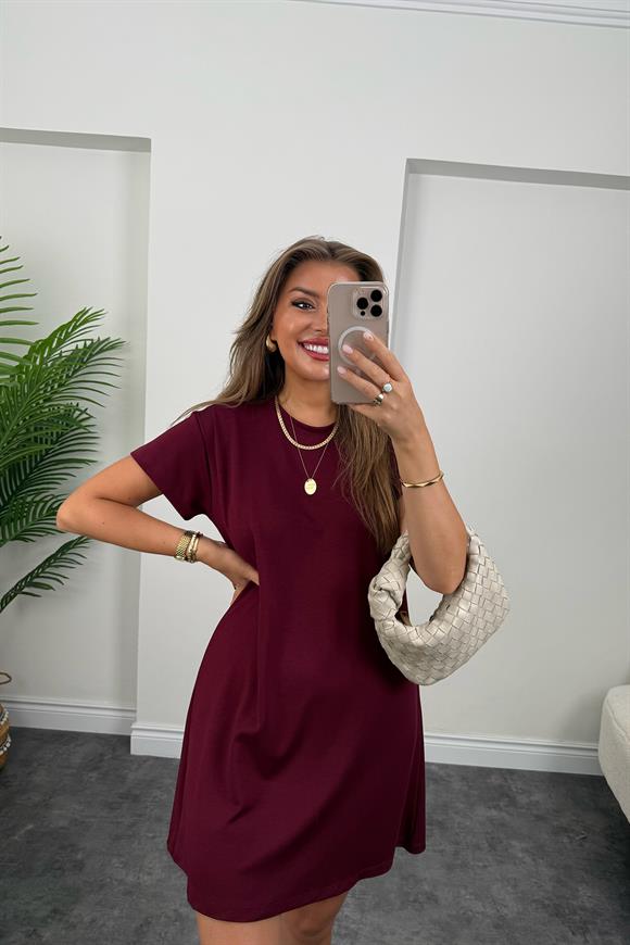 Lüx Kalite Oyhs Kumaş Kısa Kol Basic Elbise Bordo