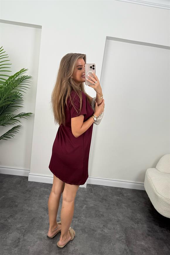 Lüx Kalite Oyhs Kumaş Kısa Kol Basic Elbise Bordo