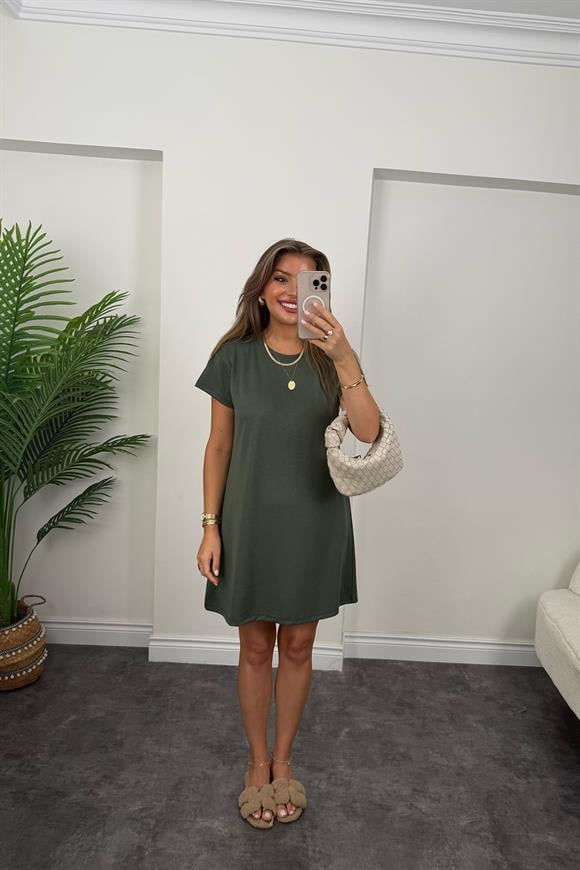 Lüx Kalite Oyhs Kumaş Kısa Kol Basic Elbise Haki