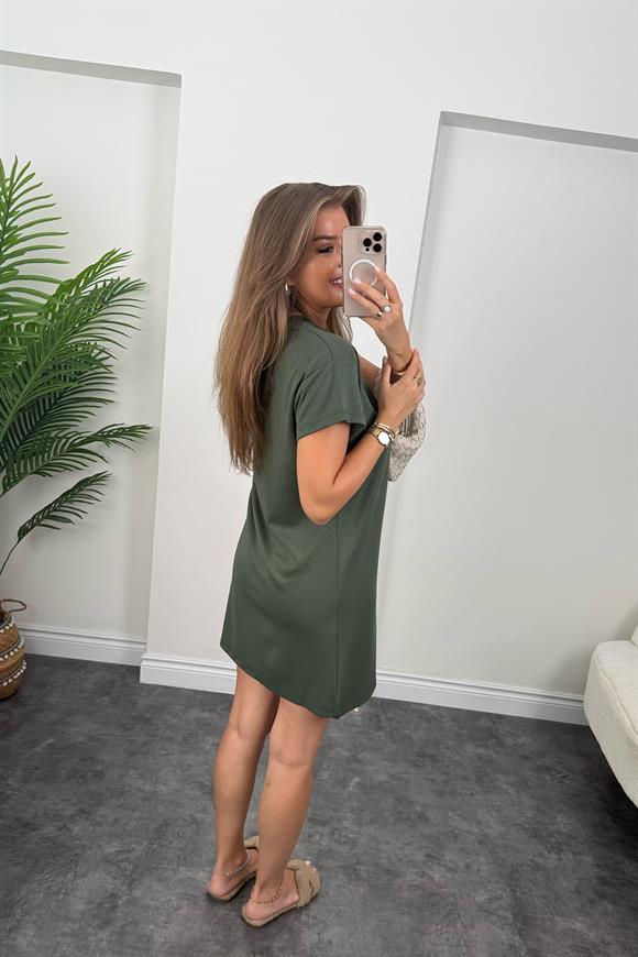 Lüx Kalite Oyhs Kumaş Kısa Kol Basic Elbise Haki