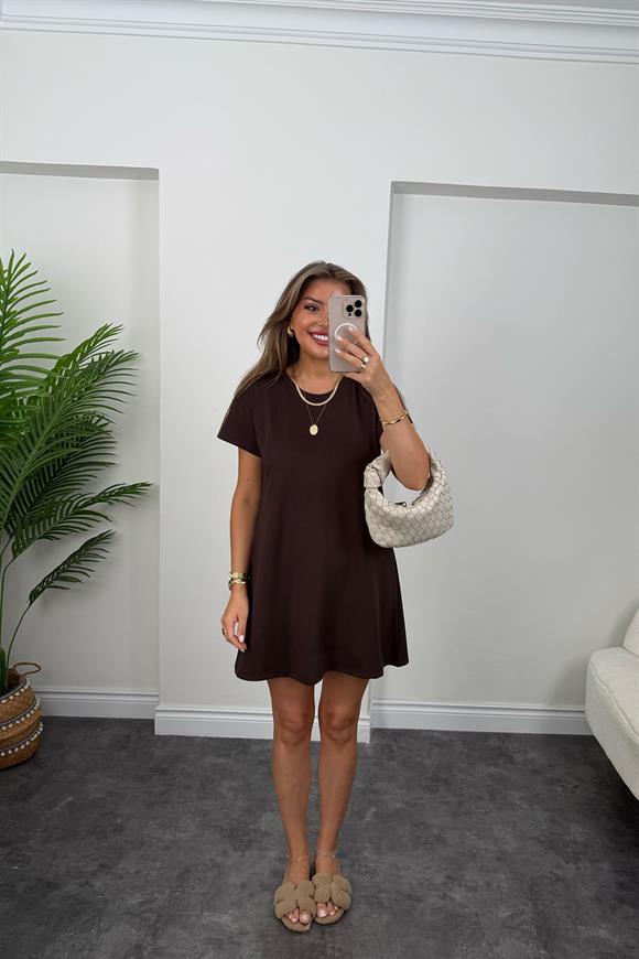 Lüx Kalite Oyhs Kumaş Kısa Kol Basic Elbise Acı Kahve 