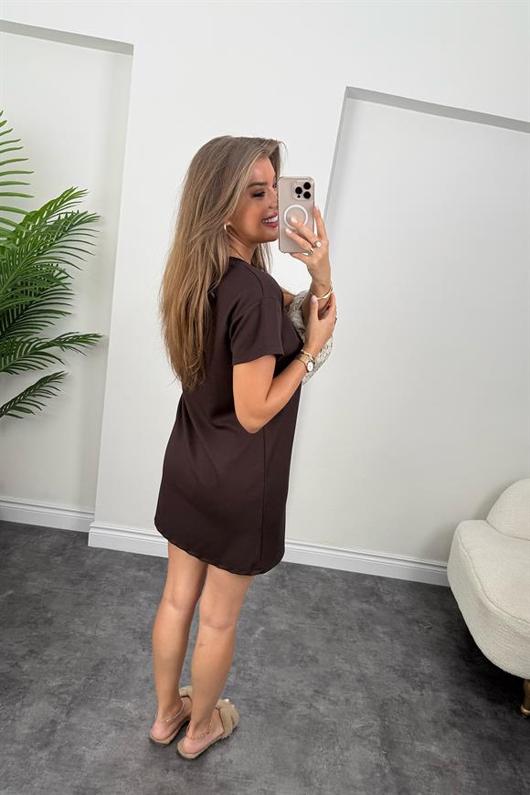 Lüx Kalite Oyhs Kumaş Kısa Kol Basic Elbise Acı Kahve 
