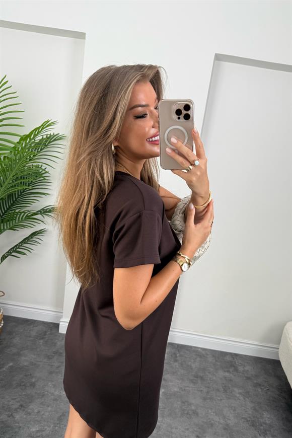 Lüx Kalite Oyhs Kumaş Kısa Kol Basic Elbise Acı Kahve 