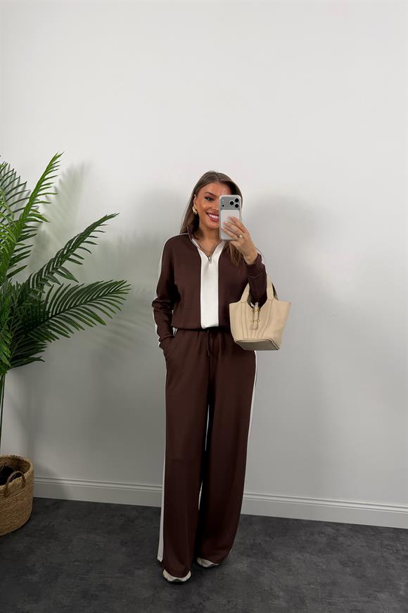 Lüx Kalite Oysh Model Şeritli Eşofman Takımı Acı Kahve