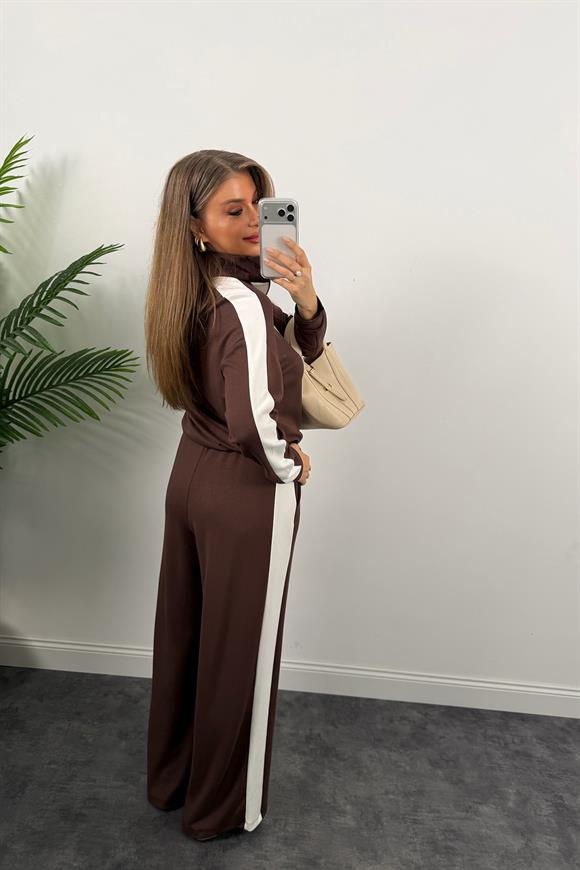 Lüx Kalite Oysh Model Şeritli Eşofman Takımı Acı Kahve