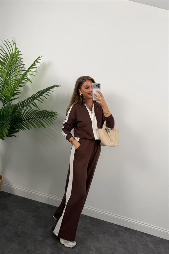 Lüx Kalite Oysh Model Şeritli Eşofman Takımı Acı Kahve