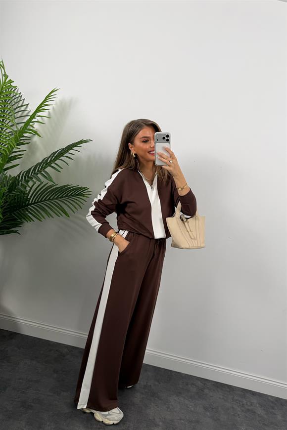 Lüx Kalite Oysh Model Şeritli Eşofman Takımı Acı Kahve