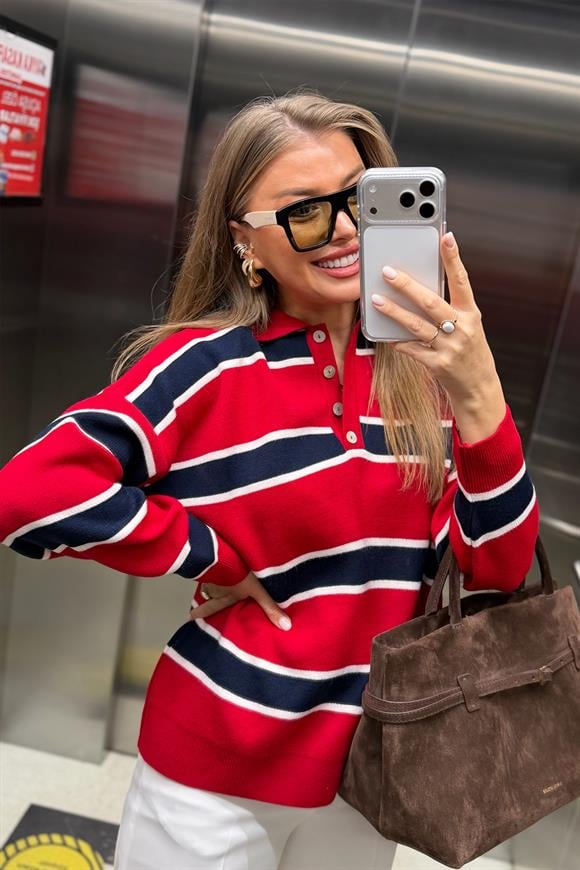 Lüx Kalite Özel Dokulu Polo Yaka Kırmızı Lacivert Çizgili Kazak