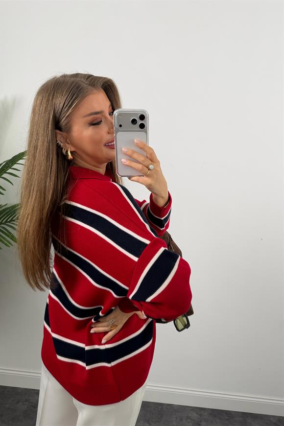 Lüx Kalite Özel Dokulu Polo Yaka Kırmızı Lacivert Çizgili Kazak