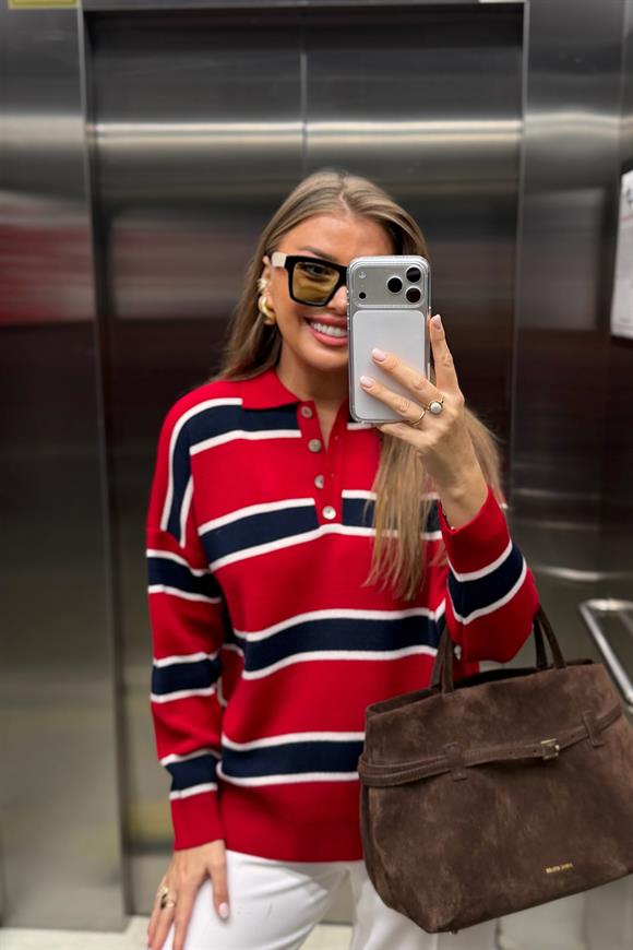 Lüx Kalite Özel Dokulu Polo Yaka Kırmızı Lacivert Çizgili Kazak