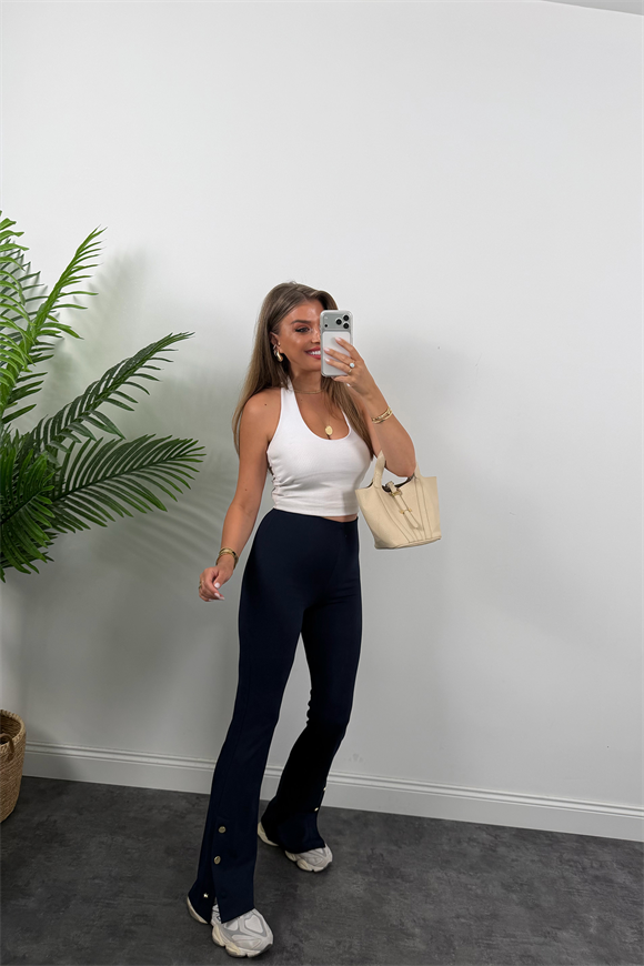 Lüx Kalite Paçası Düğmeli Çelik İspanyol Tayt Pantolon Lacivert 