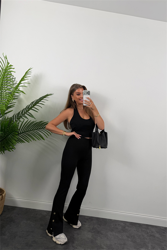 Lüx Kalite Paçası Düğmeli Çelik İspanyol Tayt Pantolon Siyah