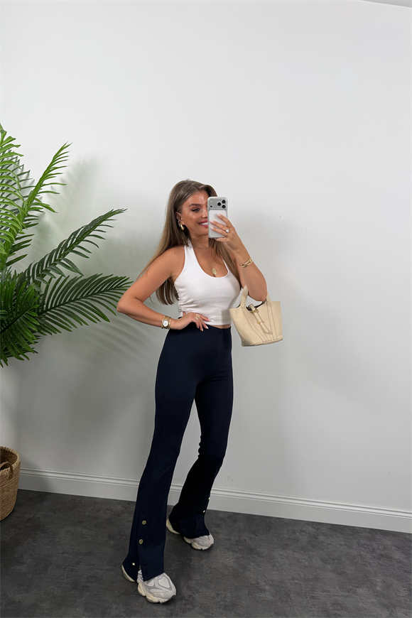 Lüx Kalite Paçası Düğmeli Çelik İspanyol Tayt Pantolon Lacivert 