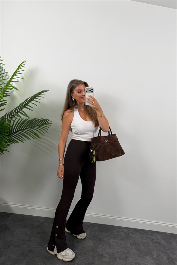 Lüx Kalite Paçası Düğmeli Çelik İspanyol Tayt Pantolon Acı Kahve