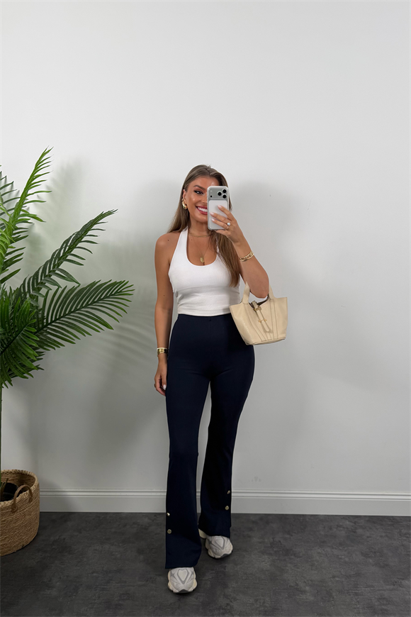 Lüx Kalite Paçası Düğmeli Çelik İspanyol Tayt Pantolon Lacivert 