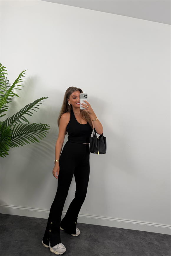 Lüx Kalite Paçası Düğmeli Çelik İspanyol Tayt Pantolon Siyah