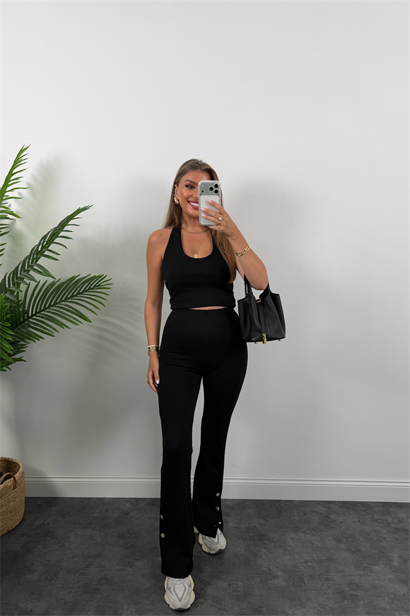 Lüx Kalite Paçası Düğmeli Çelik İspanyol Tayt Pantolon Siyah