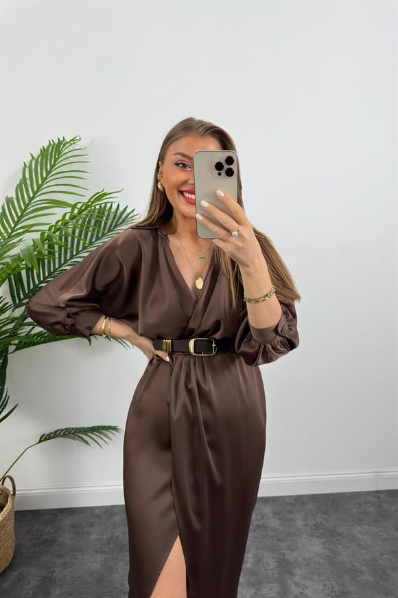 Lüx Kalite Pamuk Saten Kemerli Anvelop Elbise Kahverengi