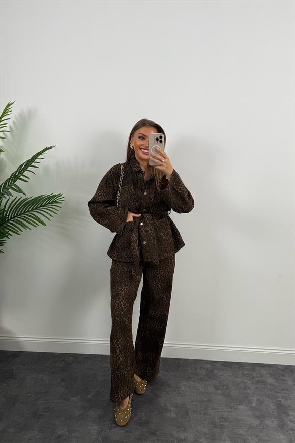 Lüx Kalite Pamuklu Jean Bol Paça Leopar Pantolon