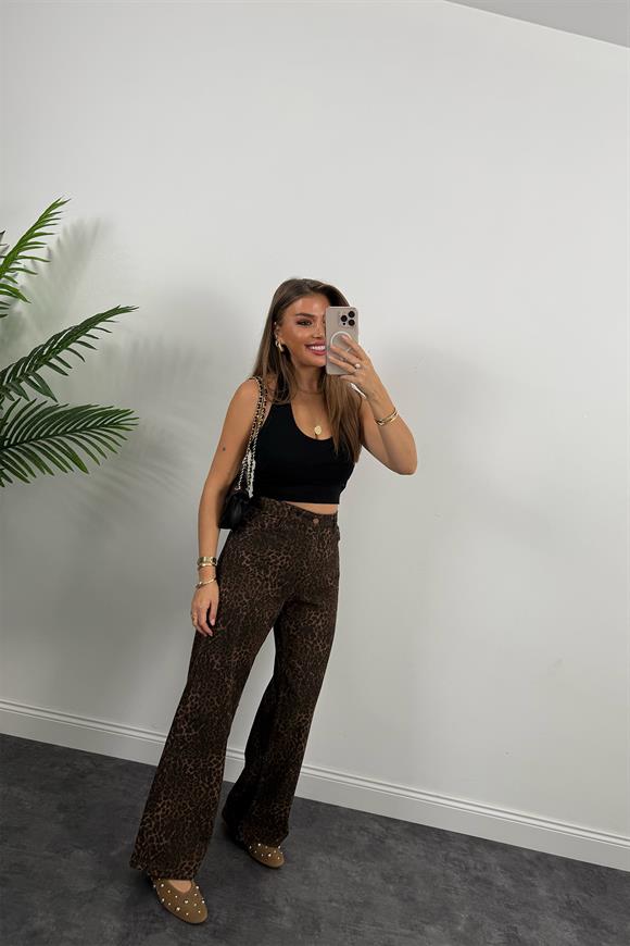 Lüx Kalite Pamuklu Jean Bol Paça Leopar Pantolon