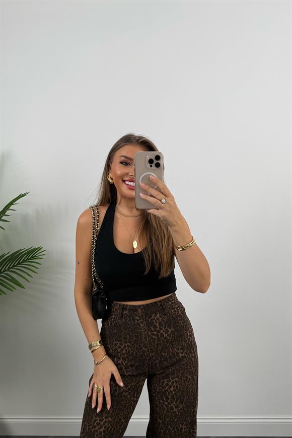 Lüx Kalite Pamuklu Jean Bol Paça Leopar Pantolon