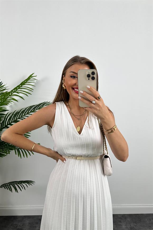 Lüx Kalite Pileli Kemerli Midi Boy Keten Elbise Beyaz