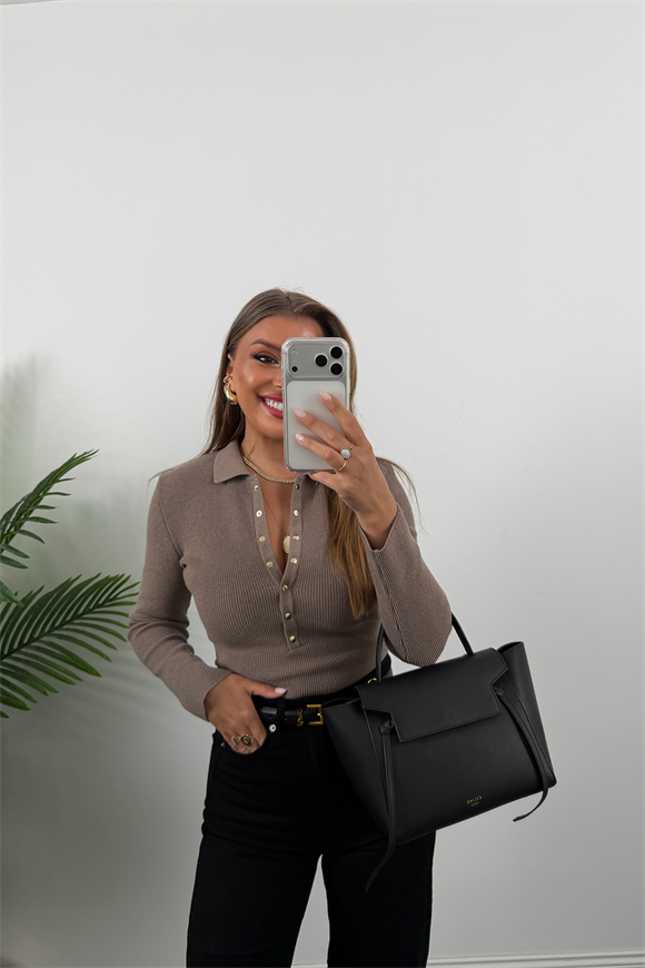 Lüx Kalite Polo Yaka Gold Çıtçıtlı Basic Çelik Triko Vizon