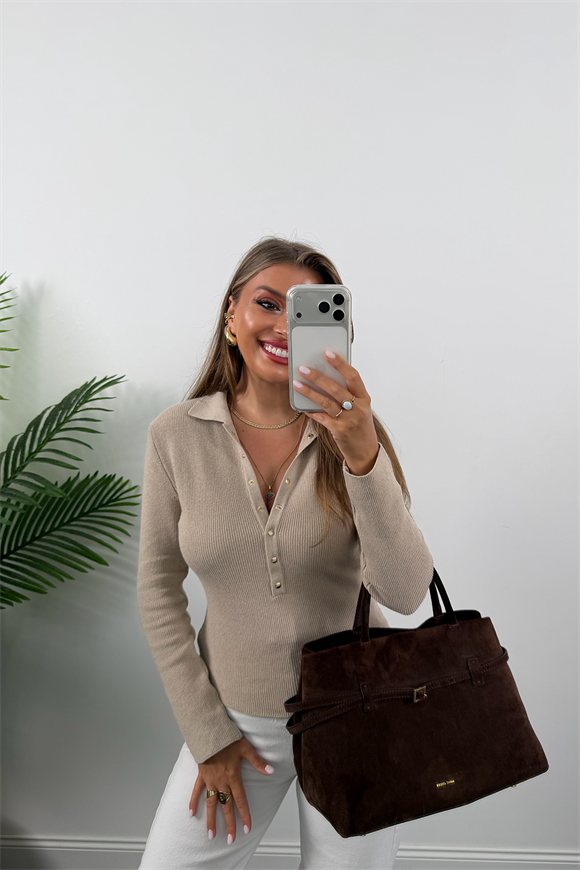 Lüx Kalite Polo Yaka Gold Çıtçıtlı Basic Çelik Triko Taş